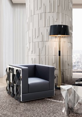 Living Room | autumn/winter reading corner in mid-century modern style with Fractal dark armchair, Miles retro floor lamp, and cosy rug