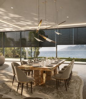Dining Room | spring/summer dining area in mid-century modern style with Empire Poplar dining table, Imperfectio cosy dining chair, Coltrane retro suspension lamp, Heritage neutral rug, tablescape, blinds, and wood flooring