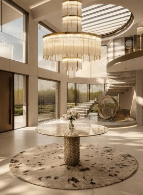 Hallway | modern classic entryway with Patagon gold round table, Pharo crystal suspension lamp, Oslo terrazzo rug, staircase, and marble flooring