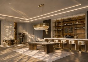 Games Room | luxury modern play and bar area with Algerone brown snooker table, Empire gold suspension lamp, Sistine rug, Talie bar chair, and wood flooring