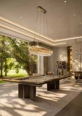 Games Room | luxury modern play and bar area with Algerone brown snooker table, Empire gold suspension lamp, Sistine rug, and wood flooring