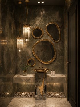 Bathroom | marble service bathroom in modern classic style with Halo set of gold wall mirrors, Lapiaz freestand, vessel sink, and Pharo crystal pendant lamp