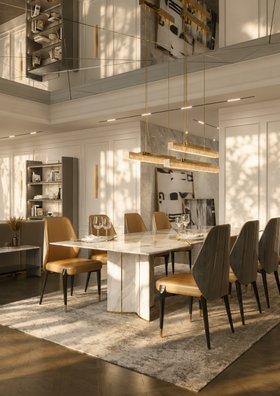 Dining Room | luxury modern dining area with Algerone white marble dining table, Algerone orange dining chair, Skyline suspension lamp, tablescape, neutral rug, and wood flooring