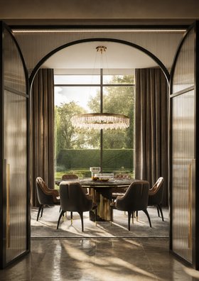 Dining Room | luxury modern dining area with Littus dark marble dining table, Charla dining chair, Naicca crystal suspension lamp, rug, room divider, and curtain