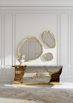 Entryway | white paint hallway in luxury modern style with Lapiaz exquisite sideboard for storage, Halo set of gold wall mirrors, Poseidon neutral rug, and marble flooring