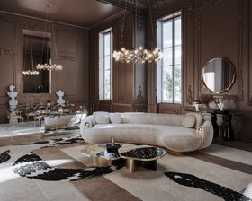 Living Room | dark paint open space in modern classic style with Soleil curved white sofa, Ophelia marble center table, Imperial Snake animal print rug, Hera suspension lamp, Magma gold wall mirror, rococo wall art, and cushion