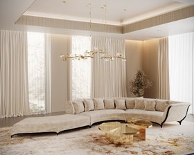 Christmas Season | cosy neutral living room in luxury modern style with Heavenly curvy white sofa, Myth gold coffee table, Hera suspension lamp, christmas tree, cushion, and curtain