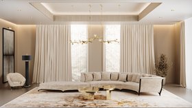 Christmas Season | cosy neutral living room in luxury modern style with Heavenly curvy white sofa, Myth gold coffee table, Hera suspension lamp, Audrey velvet armchair, Reptilian dark floor lamp, christmas tree, cushion, and curtain
