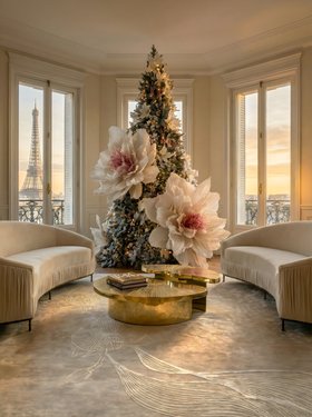 Christmas Season | cosy elegant living room in luxury modern style with Myth gold coffee table, Vamp curvy white velvet sofa, Orchid Sand rug, and christmas tree