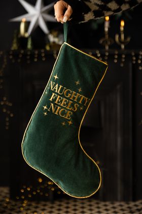 Naughty Feels Nice Green Velvet Embroidered Christmas Stocking