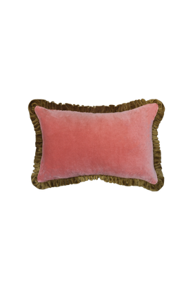 Vintage Pink Velvet Cushion With Green Ruffle