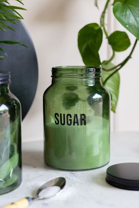 Green Glass Storage Jar With Black Lid - Sugar