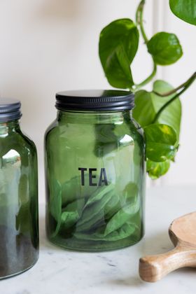 Green Glass Storage Jar With Black Lid - Tea