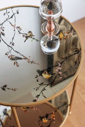 Gold Beautiful Birds Mirror Side Table - SECONDS