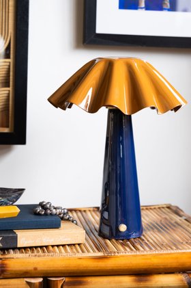 Metal Fluted Tan & Navy Rechargeable Table Lamp