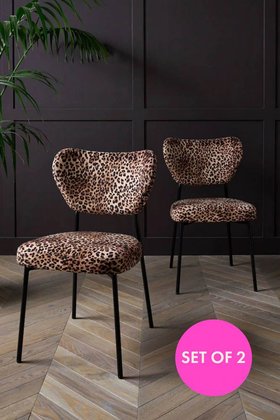 Set Of 2 Dining Chairs In Leopard Print Velvet - SECONDS