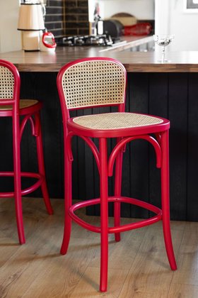 Set of 2 Chez Pitou Wood & Woven Cane Bar Stools in Red
