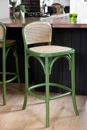 Set of 2 Chez Pitou Wood & Woven Cane Bar Stools in Green