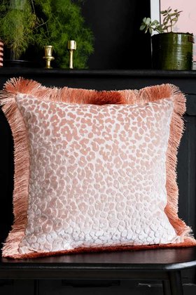 Blush Pink Leopard Velvet Cushion with Fringe Trim