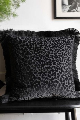 Black Leopard Velvet Cushion with Fringe Trim