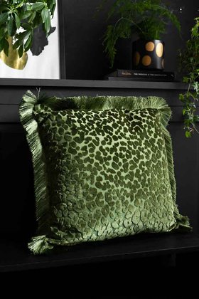 Green Leopard Velvet Cushion with Fringe Trim