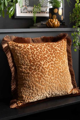 Ochre Leopard Velvet Cushion with Fringe Trim