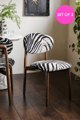 Set of 2 Zebra Print Velvet Dining Chairs
