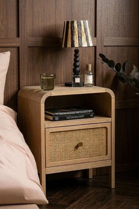 Curved Wood & Rattan Bedside Table - SAMPLE