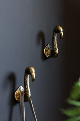 Set of 2 Antique Gold Flamingo Head Coat Hooks
