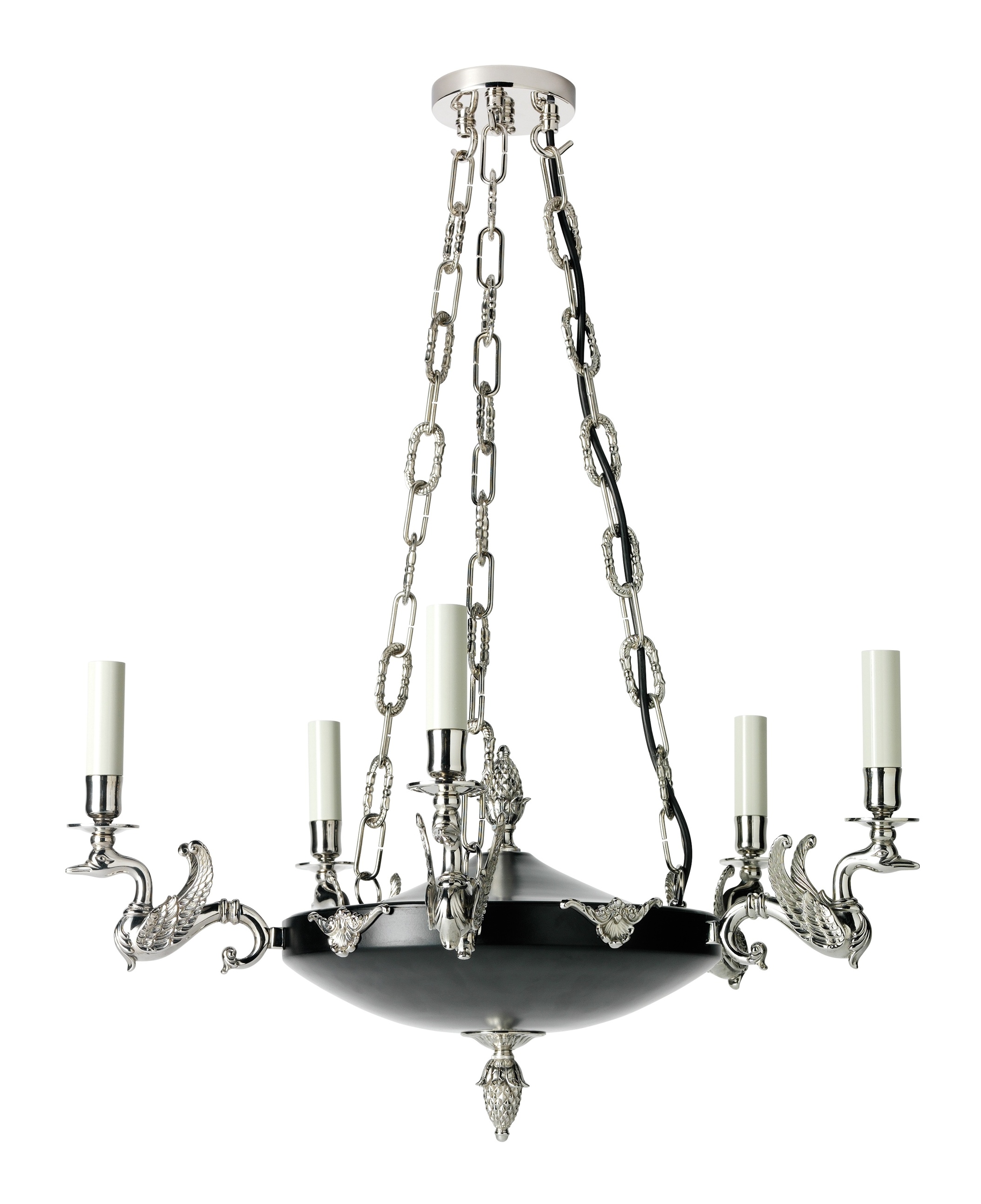 H2-017 - 5 Light Swan Arm Empire Chandelier, Tole Centre
