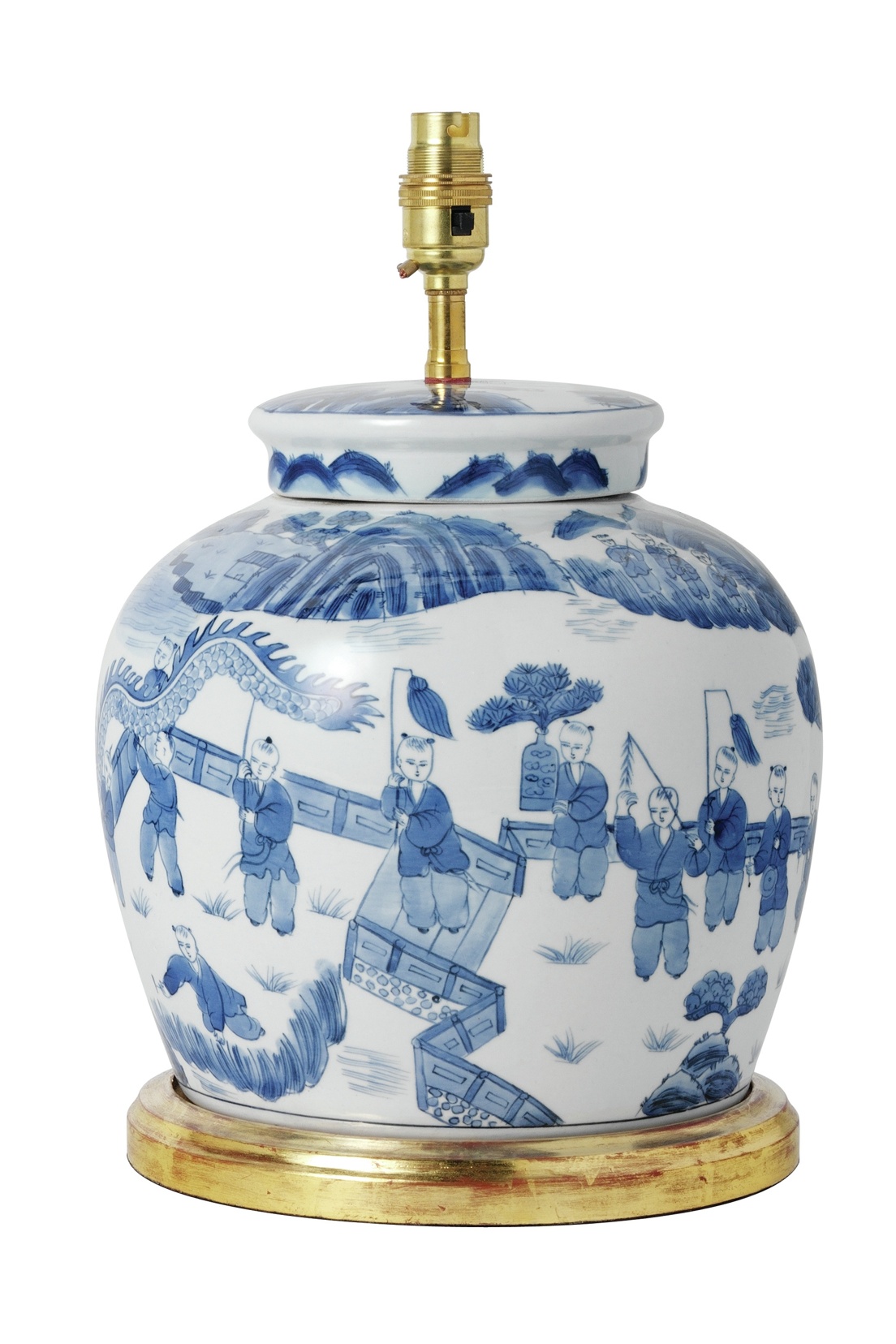 T7-014 - Blue/White Ginger Jar Ceramic Table Lamp, Gilded Base