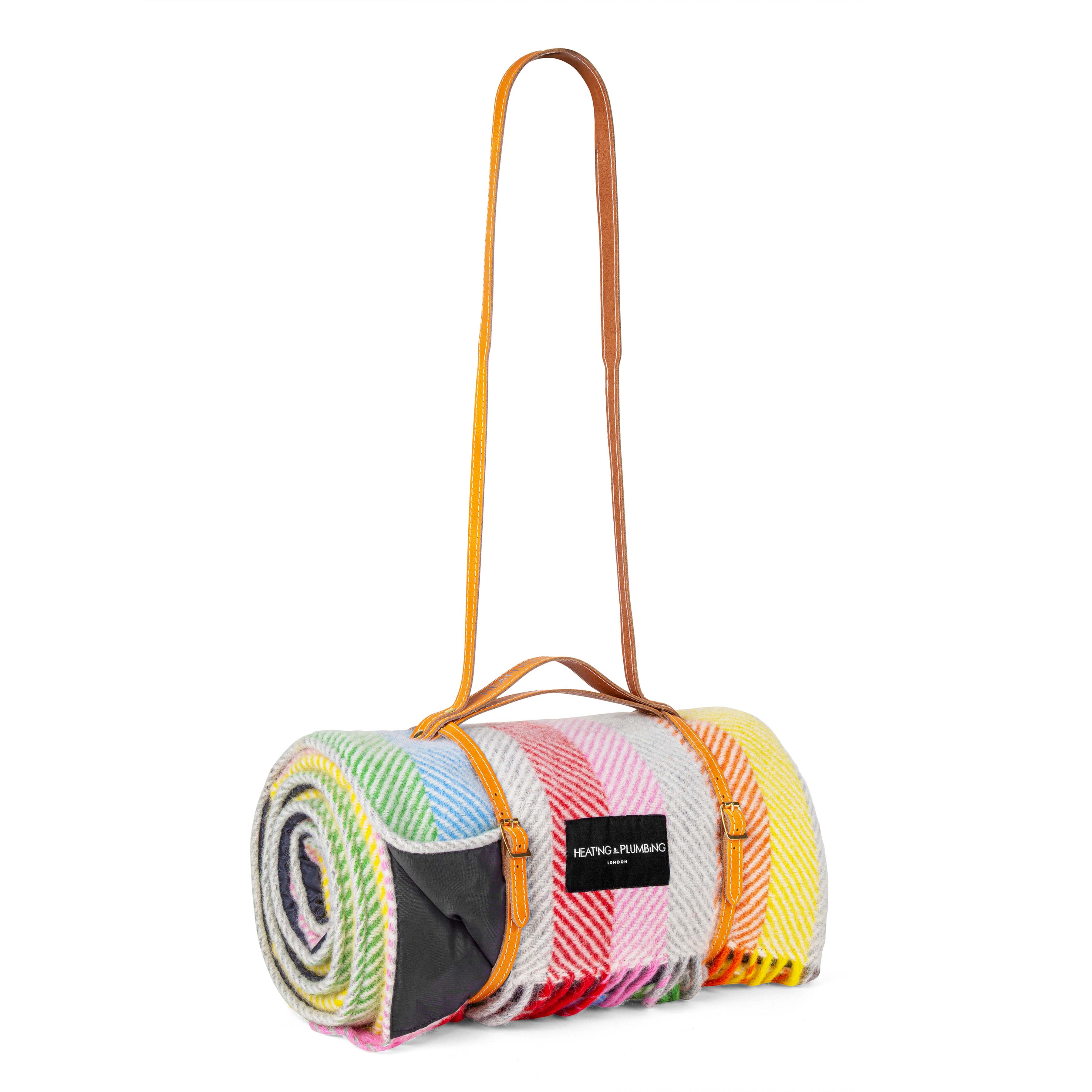 Heating & Plumbing London - Pure new wool Picnic Blanket - Rainbow - Long Yellow Leather Strap