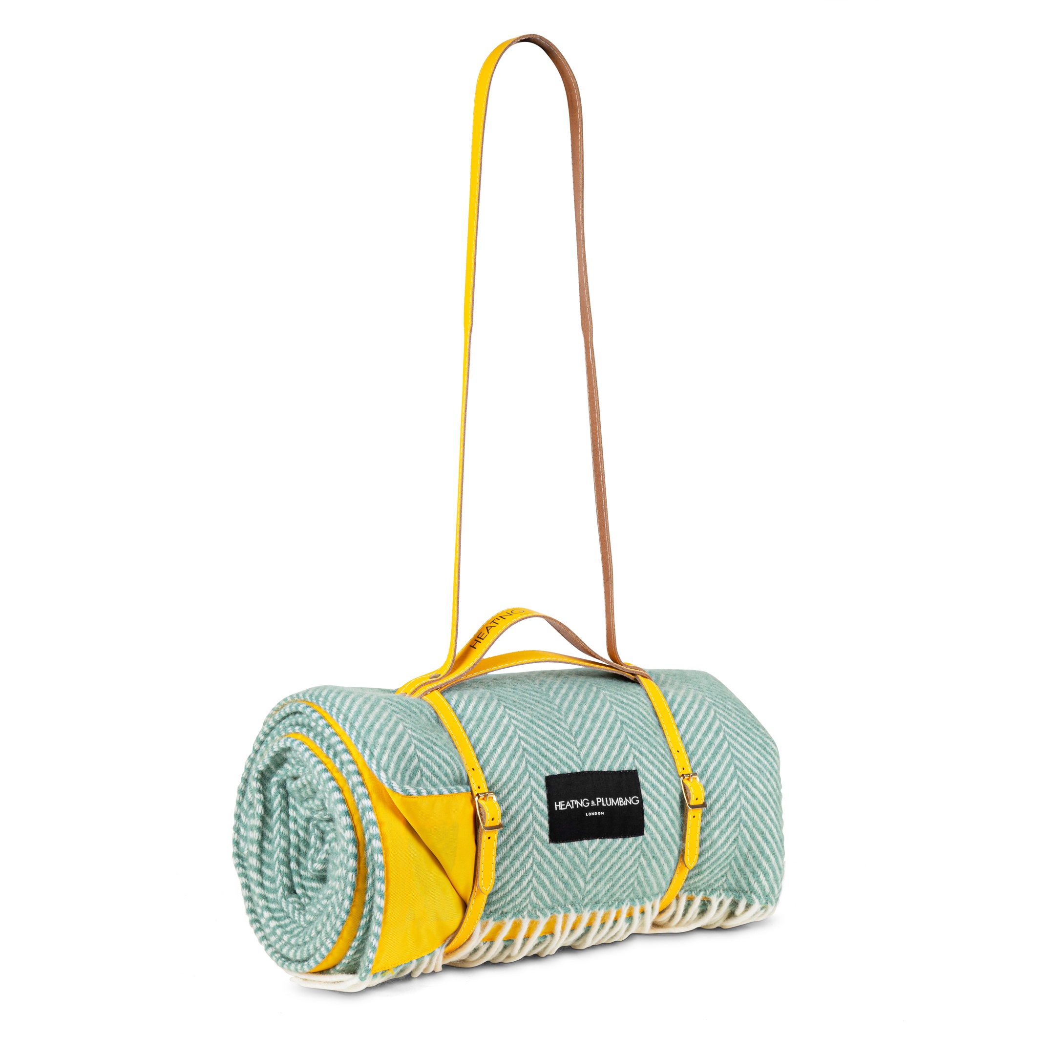 Pure new wool waterproof picnic blanket - Mint Green & Yellow (long yellow strap)