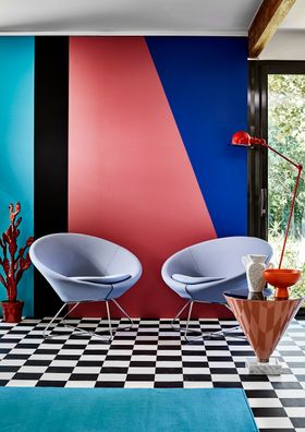 Carpetright Mardi Gras 99 (Black) Dublin Vinyl, £15.99m2, Maestro Primary Teal Rug, £34.99