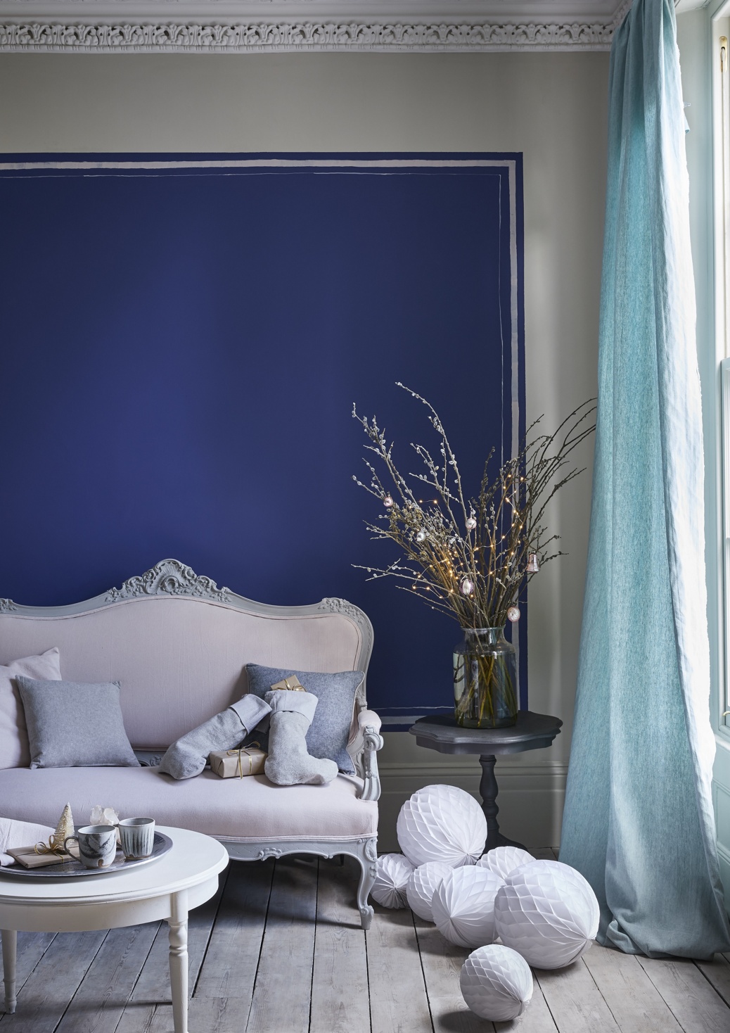 Annie Sloan  Christmas Living Room Wall Paint In Napoleonic Blue, Linen Union Fabrics   Lifestyle   Portrait