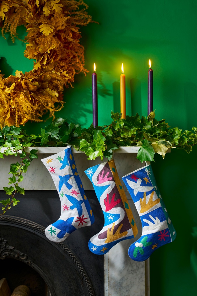 Annie Sloan Matisse Inspired Christmas 2025 - Christmas Stockings on fireplace