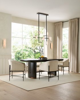 Arteriors, Nova Chandelier, £4,864, London Sconce, £1,309, Pembroke Dining Table £9,669, Osbourne Dining Chair, £2,378, Luxa Centerpiece £580