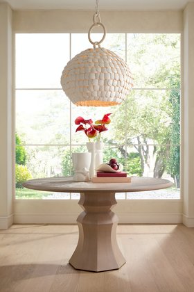Arteriors, Ramya Pendant, £4,601 Kinsley Dining Table £5,970, Maud Vases Set Of Two £532