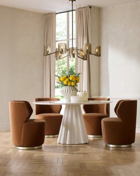 Arteriors, Rinny Large Dining Table, £5,085, Poppy Chair £3,263, Monet Large Contatiner £902, Monet Small Contatiner £747, Natasha Chandelier £3,496 Kaliana Vase £657