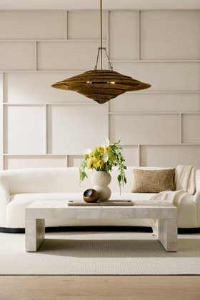 Arteriors, Madelyn Coffee Table, £6,215, Lexa Pendant £5,719, Turner Sofa £10,738 Kellen Tray, £777 Kayli Vases Set Of Two £347 Ida Sculptures Set Of Two £436