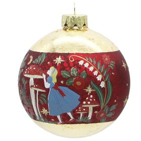 END SEP '25: Gold Foil/Antique Red w Alice & Toadstools Glass Bauble, £5.99