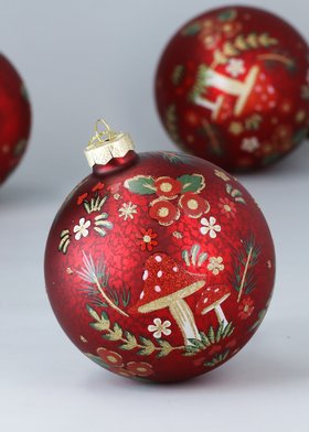 END SEP '25: Antique Red w Glittered Mushrooms Glass Ball, 10cm, £ 8.99