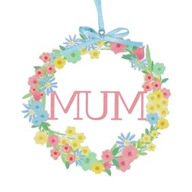 JAN '26: Wood Decoration - Mum in Floral Wreath/Pastel, £3.99