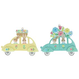 JAN '26: Wood Dec - Bunnies in Car w Flowers, Set of 2, £6.99