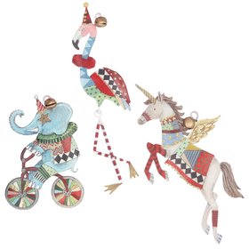 SEP '26: Gold Glitter Circus Elephant, Flamingo & Unicorn Tin Decoration, Set of 3, £11.99