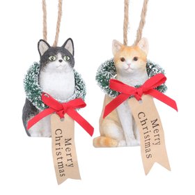 SEP '26: Resin Cat w Wreath & Tag Hanging Decoration, Set of 2, £17.99