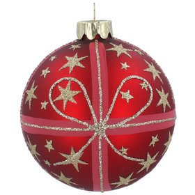 SEP '26: Matt Red w Gold Glitter Stars & Bow Glass Bauble, £4.99