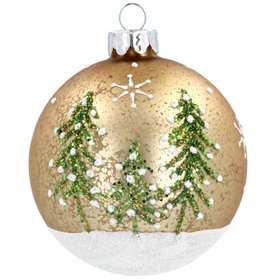 SEP '26: Mottled Gold White Sparkling Glass Bauble w Trees, £4.99