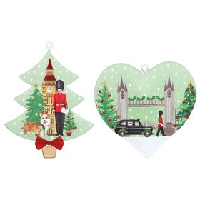 SEP '26: London Scene Green Tree Heart Hanging Tin Decoration (back design), Set of 2, £7.99