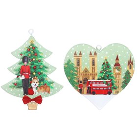 SEP '26: London Scene Green Tree Heart Hanging Tin Decoration (front design), Set of 2, £7.99